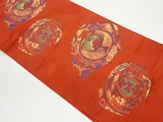 本場筑前博多丸文に抽象・花唐草模様織出し名古屋帯